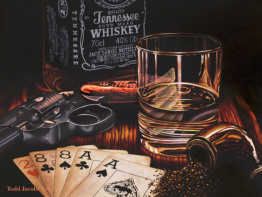 painting of whiskey and a revolver by todd jacobs