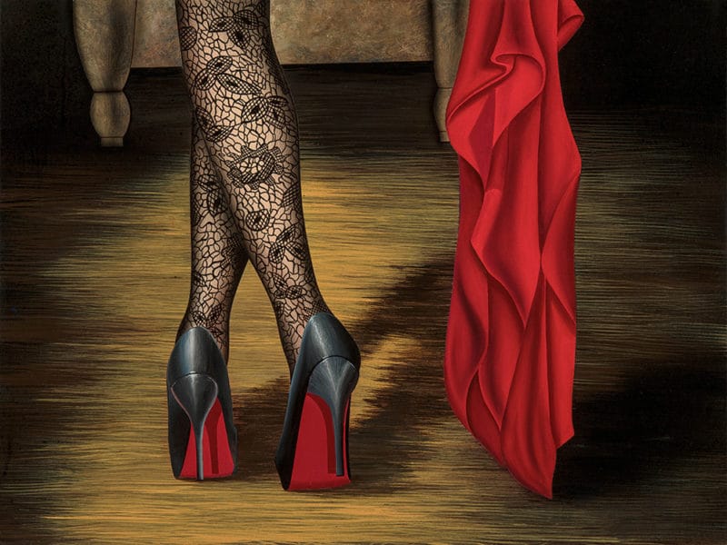 painting by alexa jacobs of a women in louis vuitton heels, called Follow Me
