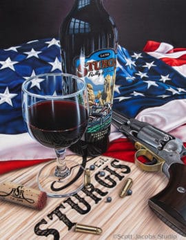 scott jacobs 2022 sturgis rally painting of rally wine, old revolver and american flag