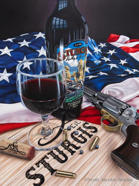 scott jacobs 2022 sturgis rally painting of rally wine, old revolver and american flag