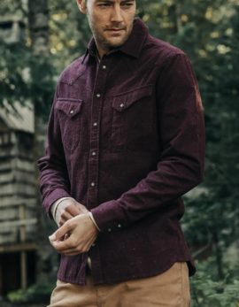 the western shirt in a deep burgundy by taylor stitch