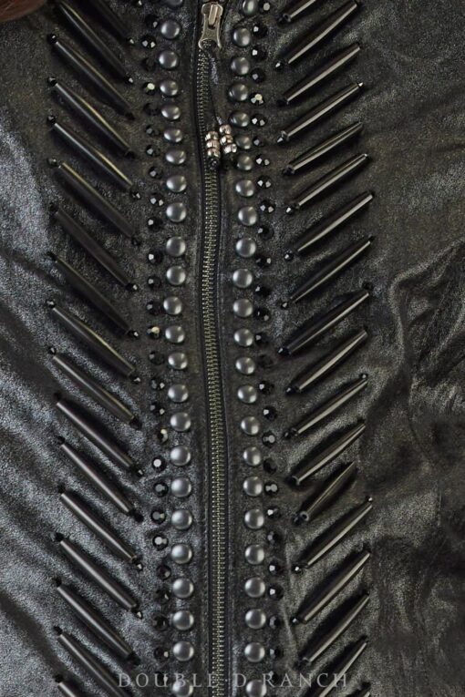 detail of the black biker jacket, solstice ceremony jacket by double d ranch at jacobs gallery deadwood