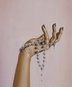 contemporary painting of a hand holding a pearl necklace by alexa jacobs