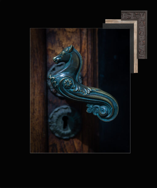 frame idea for handle it, a photo of an intricate horse door handle by Olivia Jacobs