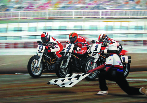 dirt track painting by Scott Jacobs of Scotty Parker, Jay Springsteen, and Chris Carr racing across the finish line 