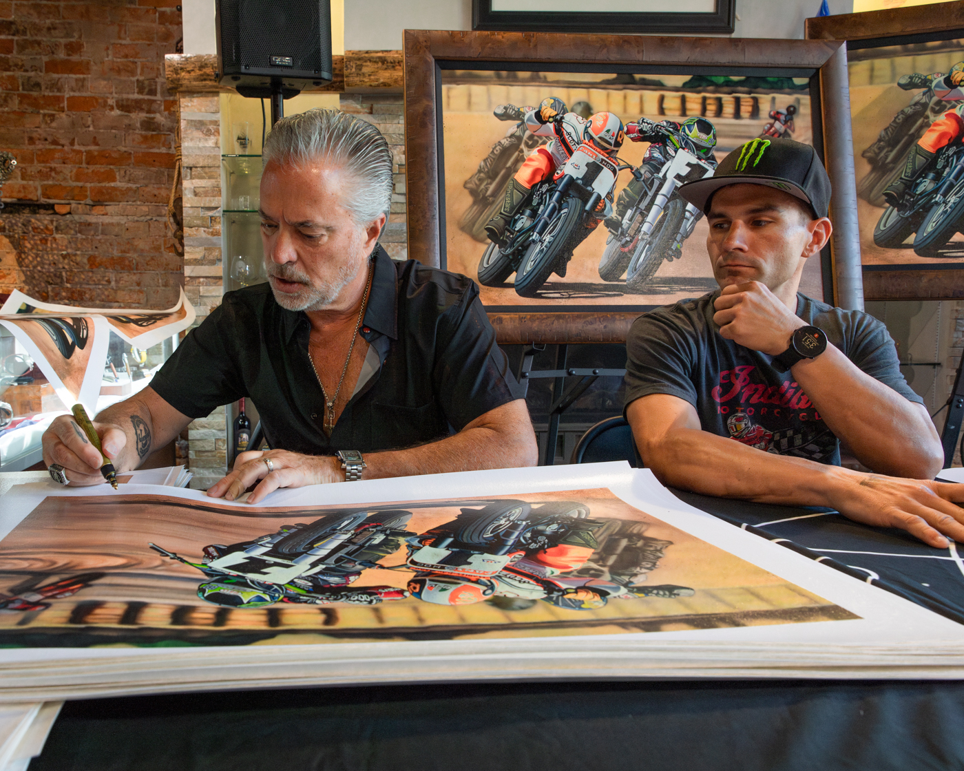 Scotty Parker, Scott Jacobs, Jared Mees at the unveiling of Scott Jacobs new dirt track painting in Deadwood