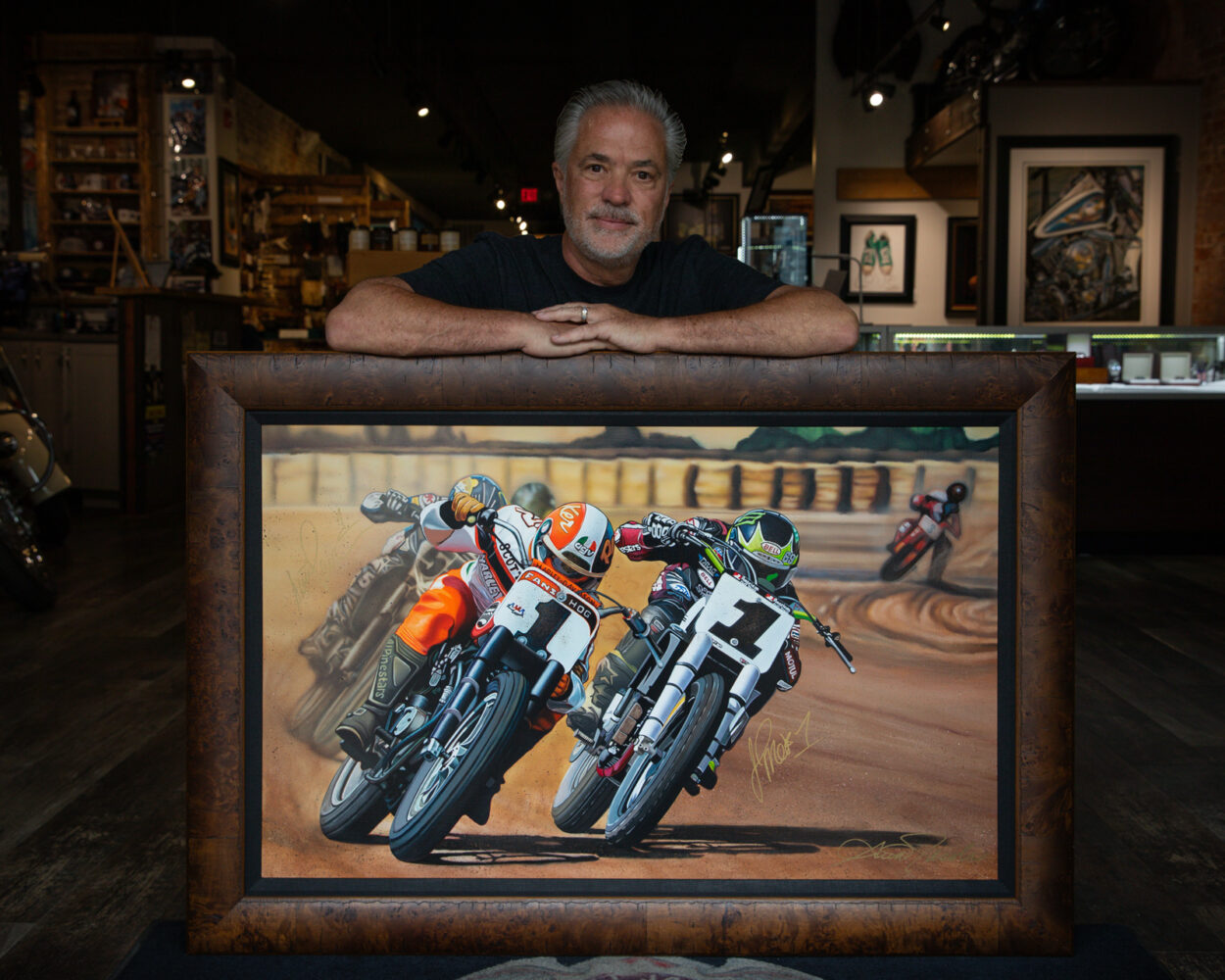 Scotty Parker, Scott Jacobs, Jared Mees at the unveiling of Scott Jacobs new dirt track painting in Deadwood