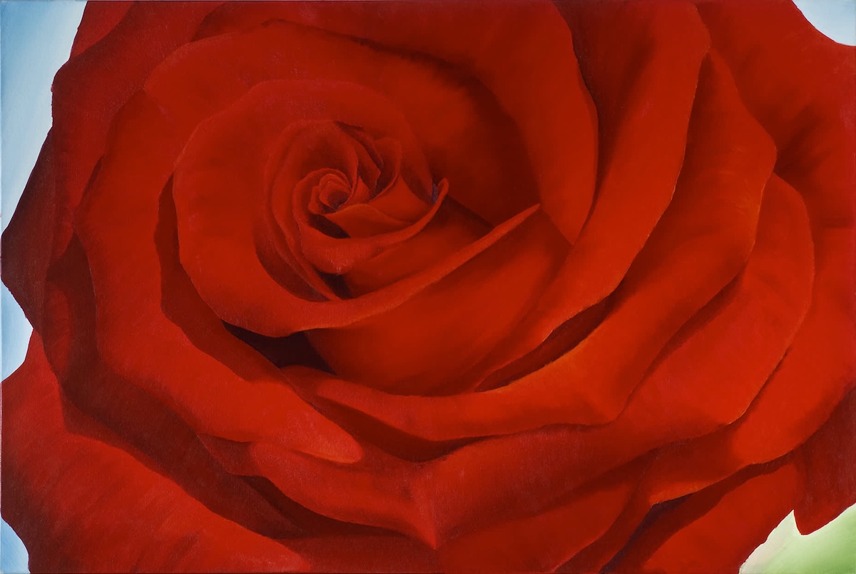 painting by Jacqueline Rinehart of a red rose