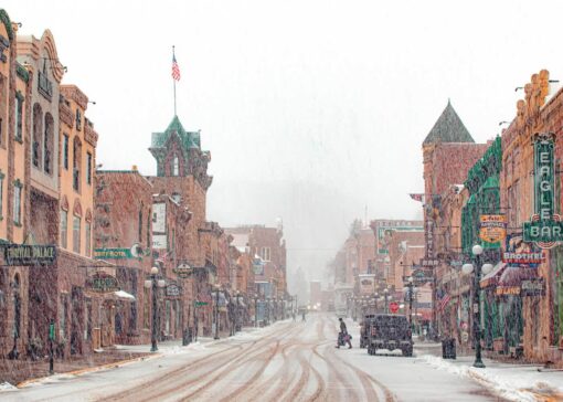 photo by Olivia Jacobs of Deadwood Main Street in the snow