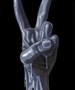 painting by Alexa Jacobs of a melted hand doing the peace sign