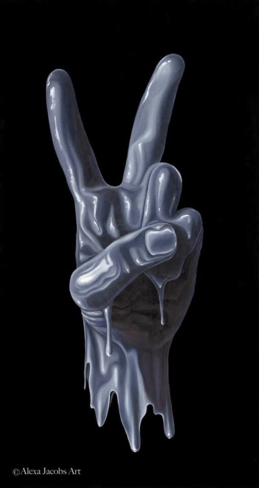 painting by Alexa Jacobs of a melted hand doing the peace sign