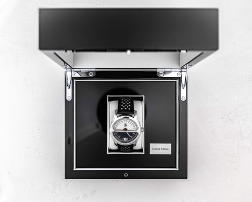 drive time watch with the leather band in a custom box by Scott Jacobs and Steve Soffa