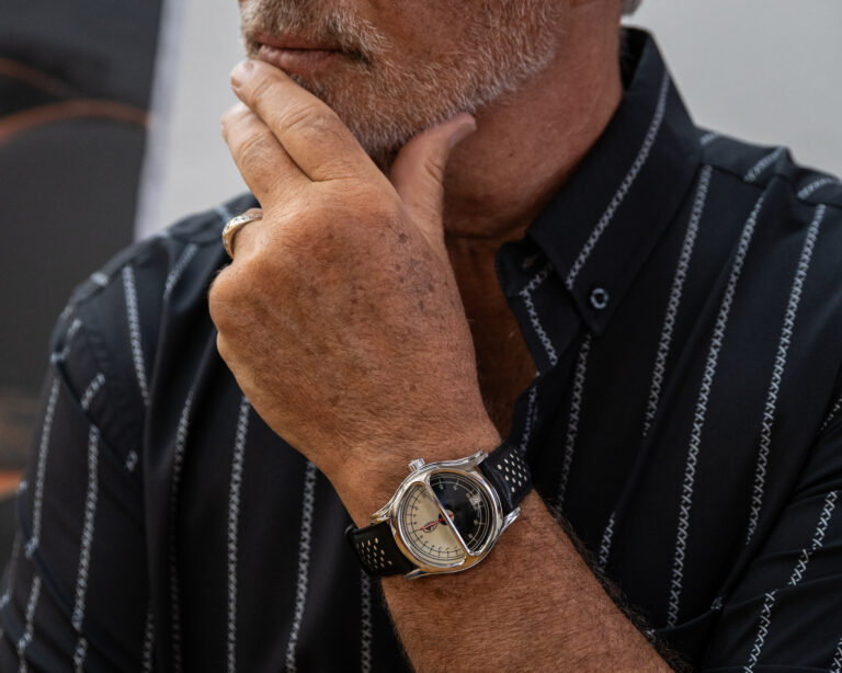 Scott Jacobs modeling his drive time watch, photo by Olivia Jacobs