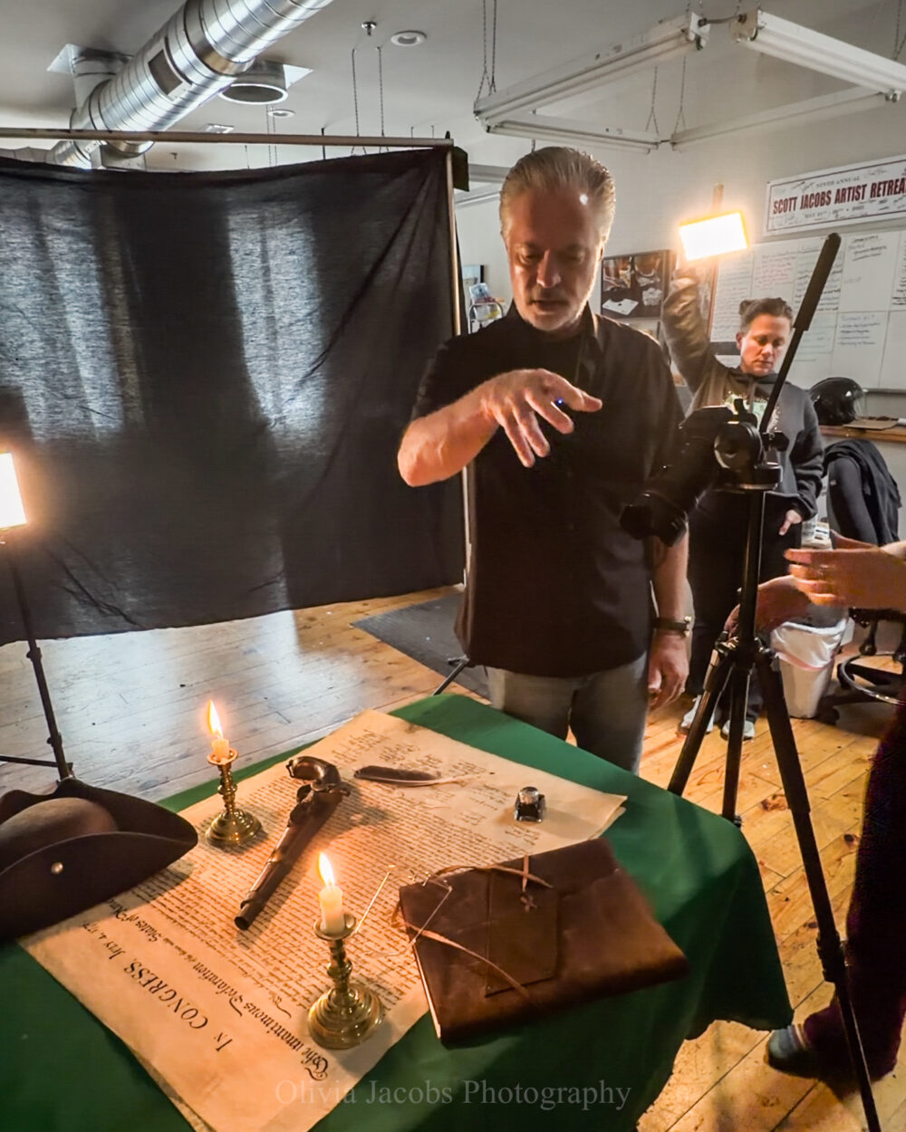 Scott Jacobs brainstorming during "The Moment of Freedom" photoshoot, the 250th anniversary painting